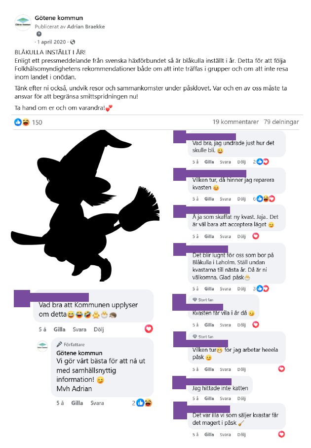Skärmdump på inlägg från Facebook med inledande inläggstext: "BLÅKULLA INSTÄLLT I ÅR! Enligt pressmeddelande från svenska häxförbundet så är blåkulla instältt i år. Detta för att följa Folkhälsomyndighetens rekommendationer både om att inte träffas i grupper och om att inte resa inom landet i onödan."