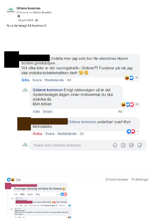 Skärmdump från inlägg på Facebook med tillhörande kommentarer med inläggstexten: "Nu e de tesagt frå kommu'n!" och en bild på en kommentarstråd om när det är rusningstrafik i Götene. 