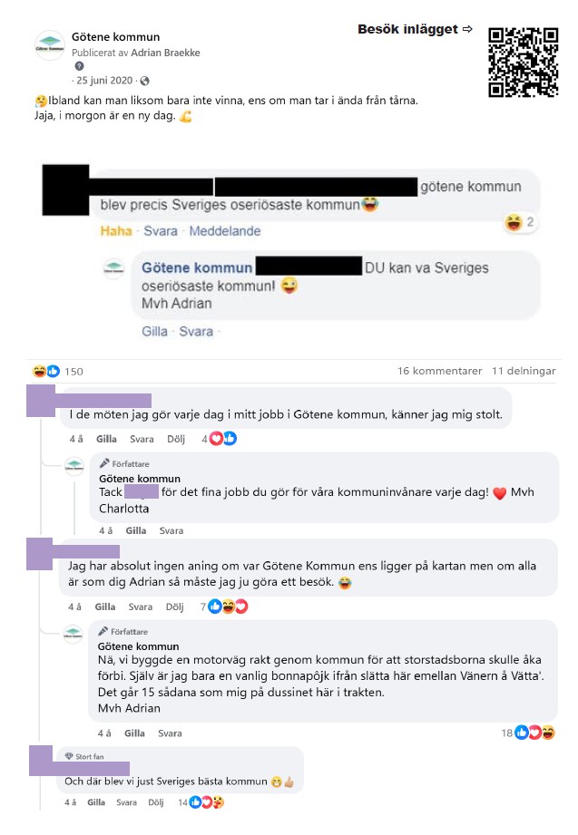 Skärmdump på inlägg från Facebook med kommentarer med inläggstexten: "Ibland kan man liksom bar ainte vinna, ens om man tar i ända från tårna. Jaja, i morgon är en ny dag." 