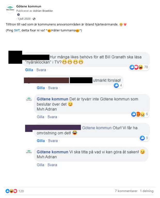 Skärmdump från inlägg på Facebook med bild på kommentarsflödet om Bill Granath kan läsa årets Nyårsklocka i TV med inläggstexten: "Tilltron till vad som är kommunens ansvarsområde är ibland hjärtevärmande. (Ping SVT, detta fixar ni va? *Håller tummarna*"