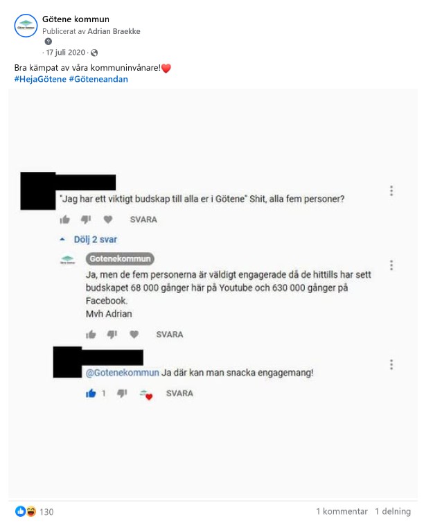 Skärmdump på inlägg från Facebook med tillhörande kommentarer med inläggstexten: "Bra kämpat av alla våra kommuninvånare!" och bild på en konversation om att det inte bor speciellt många personer i Götene. 