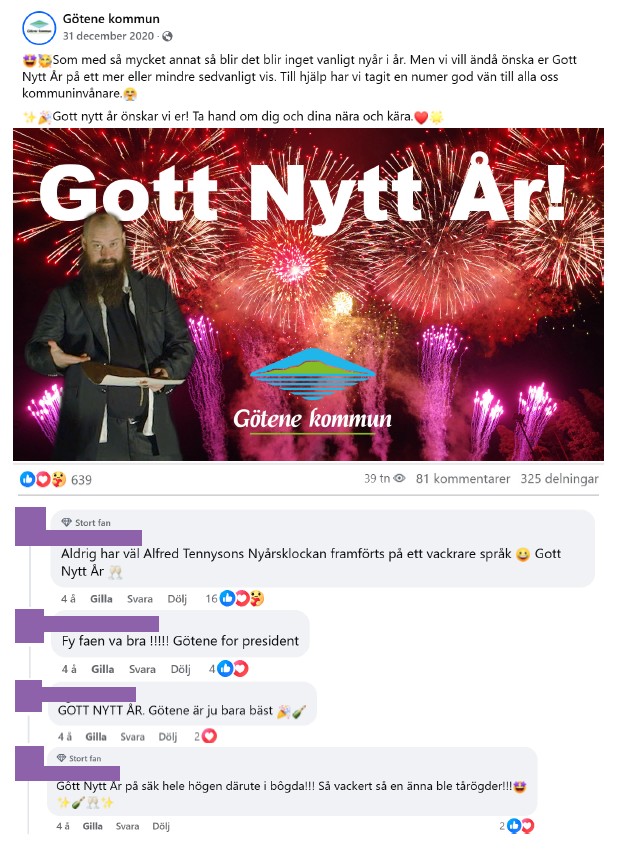Skärmdump på inlägg från Facebook med tillhörande kommentarer med Bill Granath som läser nyårsklockan med inläggstexten: "Som med så mycket annat så blir det inget vanligt nyår i år. Men vi vill ändå över er Gott Nytt År på ett mer eller mindre sedvanligt vis." 