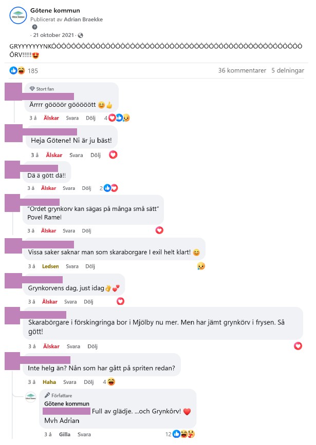 Skärmdump på inlägg från Facebook med tillhörande kommentarer med inläggstexten: "GRYYYYYYYNKÔÔÔÔÔÔÔÔÔÔÔÔÔÔÔÔÔÔÔÔÔÔÔÔÔÔÔÔÔÔÔÔÔÔÔÔÔÔÔÔRV!!!!!!"