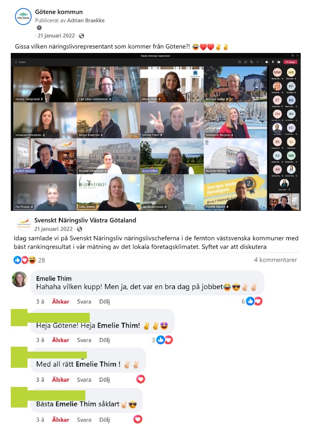 Skärmdump på inlägg från Facebook med tillhörande kommentarer med inläggstexten: "Gissa vilken näringslivsrepresentant som kommer från Götene?!"