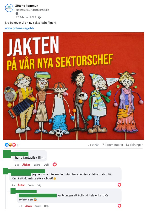 Skärmdump på filminlägg från Facebook med tillhörande kommentarer med inläggstexten: "Nu behöver vi en ny sektorschef igen!"
