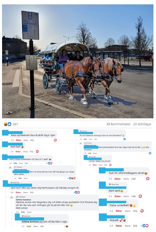 Skärmdump från Facebook med bild på en hästdroska vid busstationen i Götene med tillhörande kommentarer.
