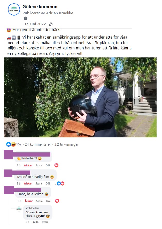 Skärmdump på inlägg från Facebook med tillhörande kommentarer med inläggstexten: "Hur grymt är inte det här?! Vi har skaffat en samåkningsapp för att underlätta för våra medarbetare att samåka till och från jobbet. Bra för plånkan, bra för miljön och kanske till och med kul om man har turen att få lära känna en ny kollega på resan. Asgrymt tycker vi!!"