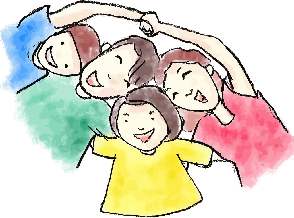 Illustrerad bild på en pojke (blå tröja), en man (grön tröja), en flicka (gul tröja) och en kvinna (röd tröja). De kramar om varandra och ler.