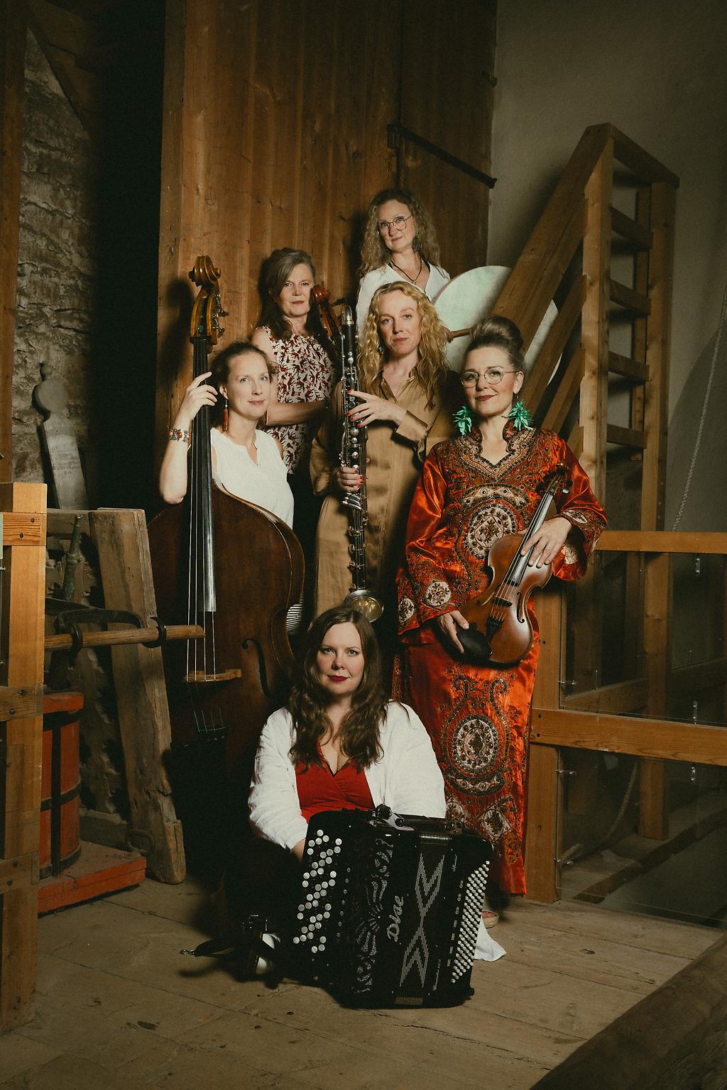 Sex kvinnor står med instrument, klarinett, violin, dragspel.