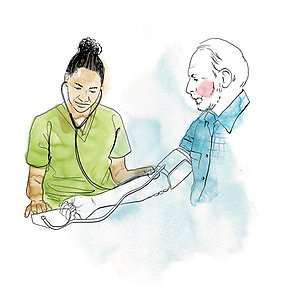 Sjuksköterska tar blodtryck på patient