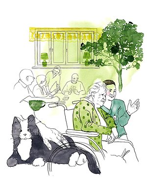 En kvinna ler och håller om en man sittande i rullstol.