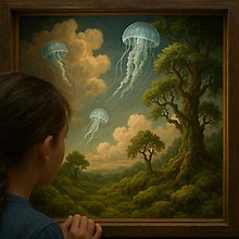 Flicka som tittar på en tavla med maneter.