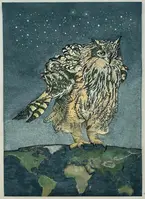 Foto av en målning som föreställer en uggla på natten.