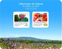 Portalsidan. Himmelsblå bakgrund med Kinnekulle och blommor i botten. Två puffar där man väljer mellan kommunen eller turistbyråns hemsida.