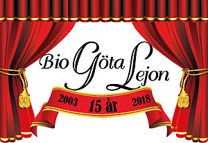 Bio Göta Lejons logotyp omgiven av ett rött draperi och en banner med texten "15 år 2003-2018".