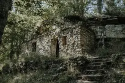 En stengrotta i skogen, överväxt med mossa och träd.