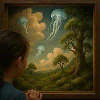 Flicka som tittar på en tavla med maneter.