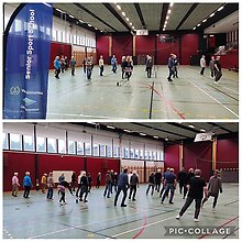 Seniorer i en idrottshall. 