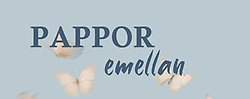 En blåbakgrund med vita fjärillar och texten Pappor emellan