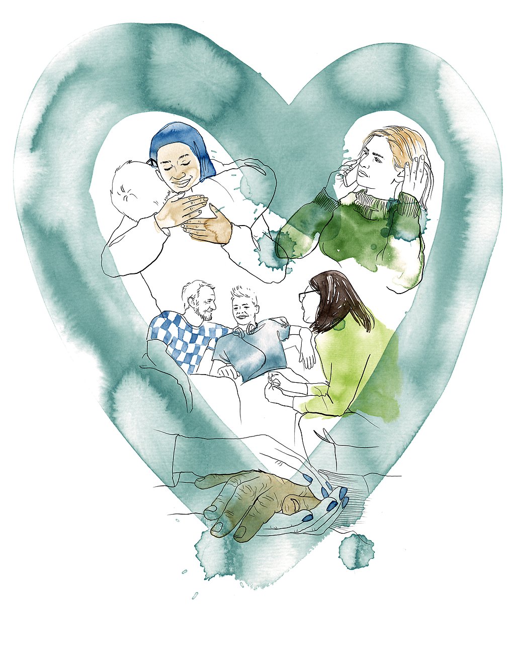 Illustration av personer i samtal, omslutna av ett hjärta