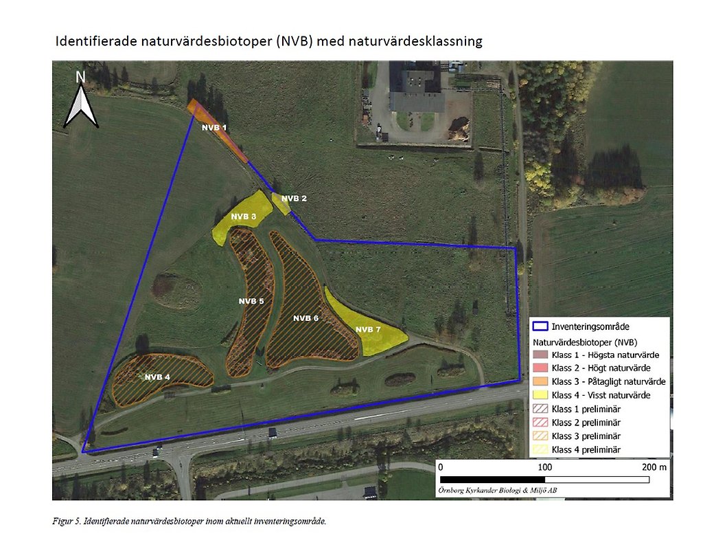bild från naturvärdesinventeringen. Den visar 7 områden som har högre naturvärden. 