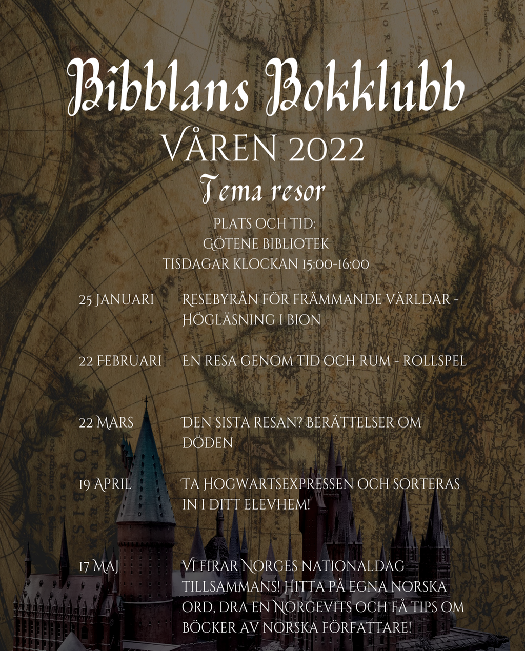 Affisch på programmet för Bibblans Bokklubb våren 2022
