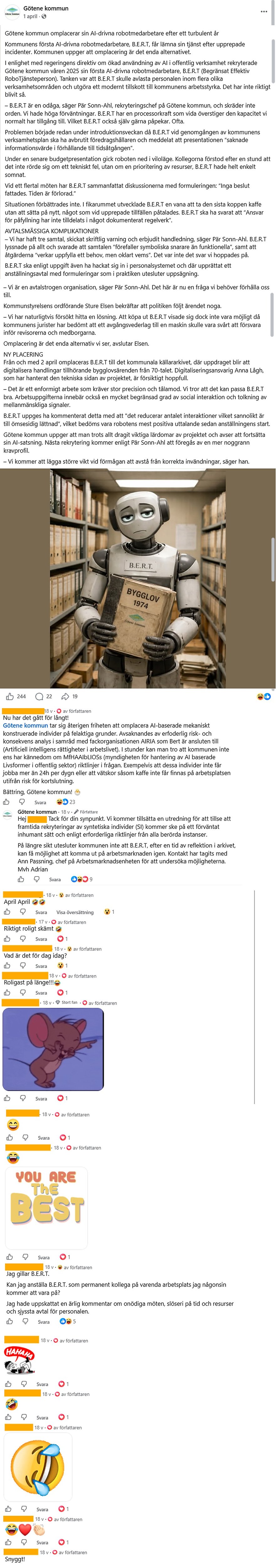 Skärmdump från inlägg på facebook med aprilskämt om sparkad robot på kommunen. 