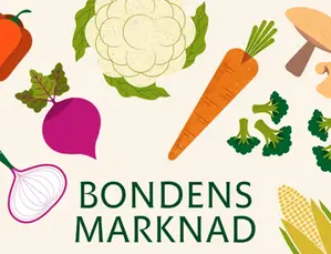 Tecknade grönsaker mot en ljus bakgrund. Längst ned i bild syns texten "Bondens Marknad".