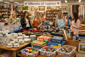 En grupp kvinnor som står i en loppislokal och skålar.