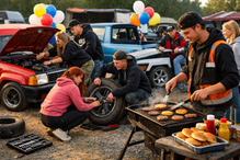 Ett gäng med ungdomar som mekar med bilar samt grillar hamburgare