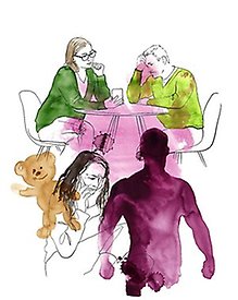 Bild på vuxna personer i olika situationer och en teddybjörn.