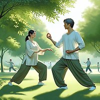 Två personer utför qigong utomhus. 