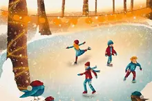 Målad bild på barn som åker skridskor på en sjö.