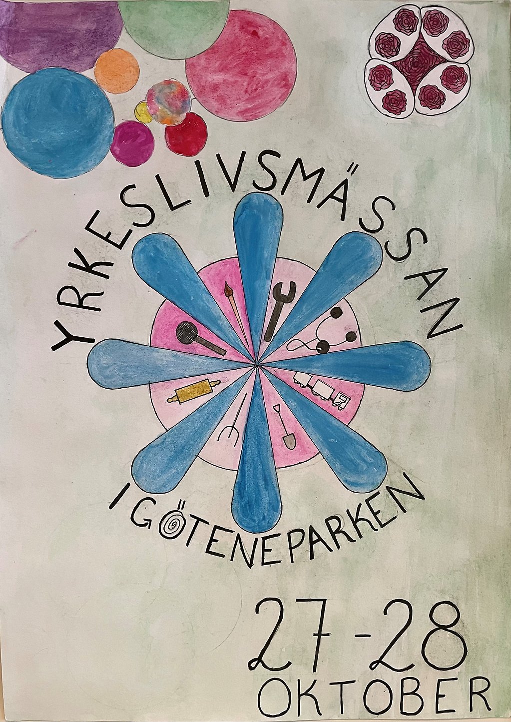En handmålad affisch med text "Yrkeslivsmässan 2022 i Göteneparken, 27-28 oktober".
