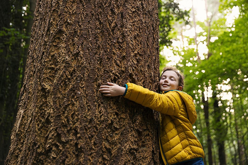 Ett barn ler och kramar en trädstam i solens sken.