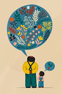 Bild på en vuxen och ett barn som pratar med varandra, det är blommor i pratbubblorna.