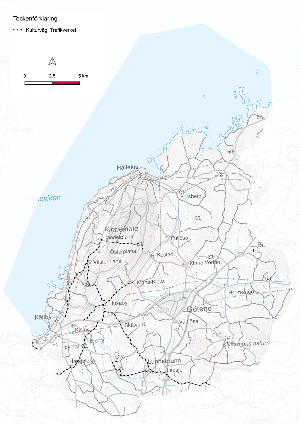 Karta som visar hela Götene kommun och utpekade kulturvägar som svarta streckade linjer.