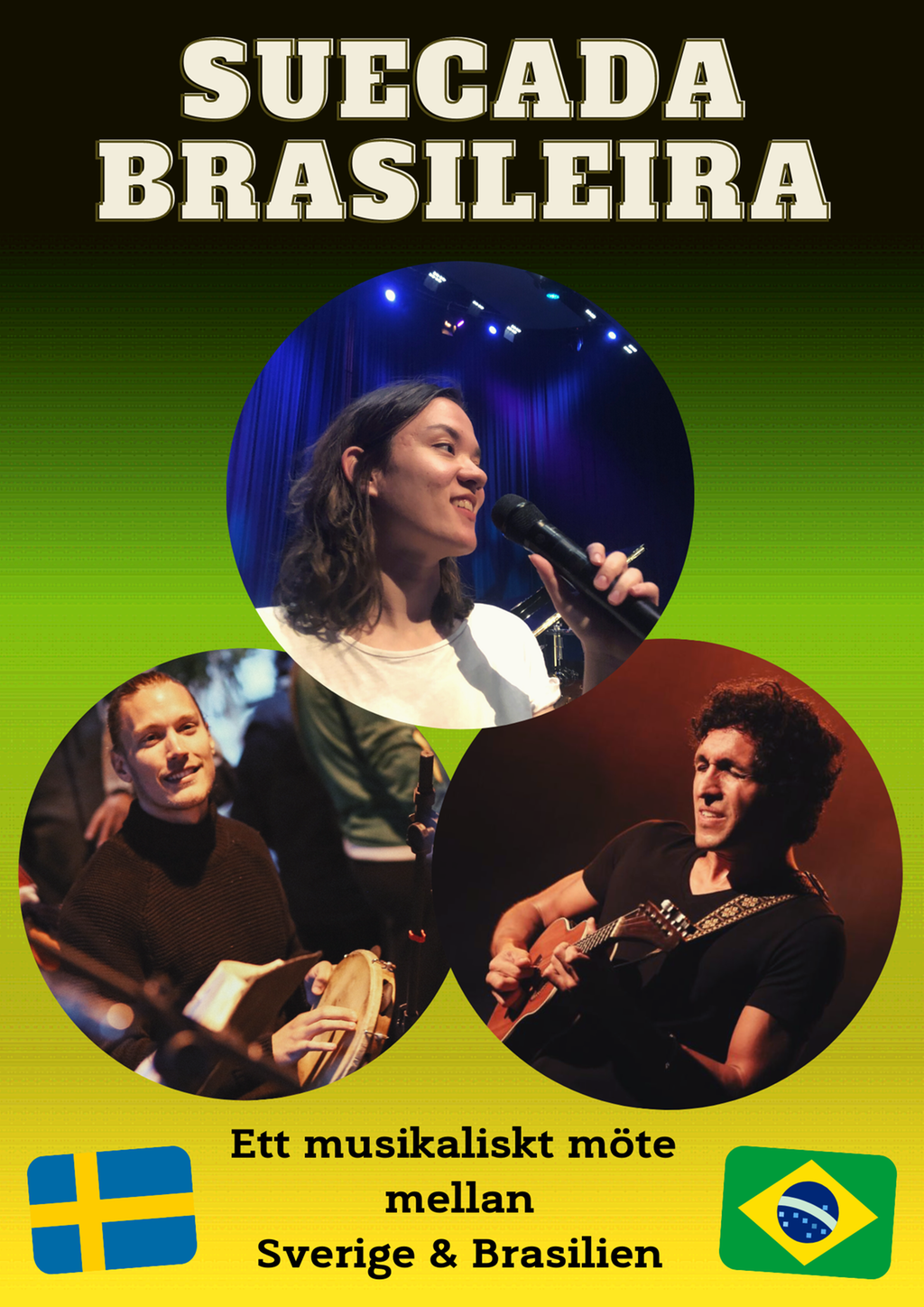 Bild på affisch med bandnamnet Suecada Brasileira och undertexten ett musikaliskt möte mellan Sverige och Brasilien. Fotona på de tre musikerna är inklippta på affischen. Sveriges och Brasiliens flaggor är med längst ner på affischen.