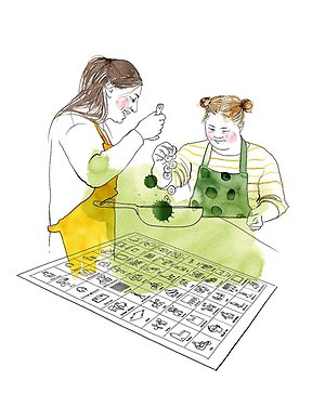 Illustration av två kvinnor som lagar mat tillsammans. I bildens framkant syns ett aktivitetsschema med bildstöd.