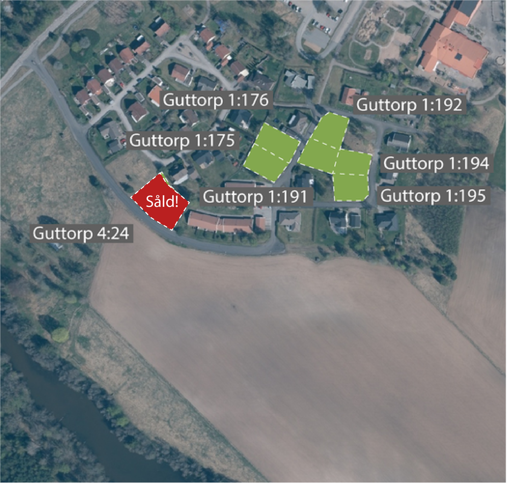 Karta som redovisar lediga tomter i området Guttorp, Lundsbrunn