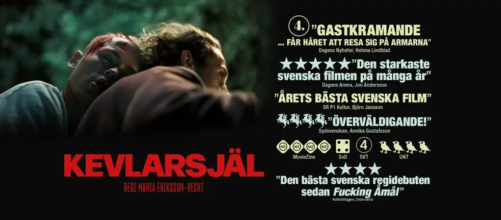 Filmaffisch Kevlarsjäl. En ung pojke lutar sig mot en annan pojke.
