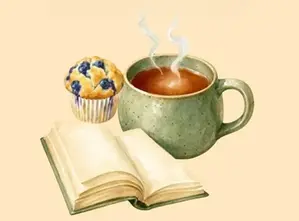 Kaffekopp, muffins och en bok