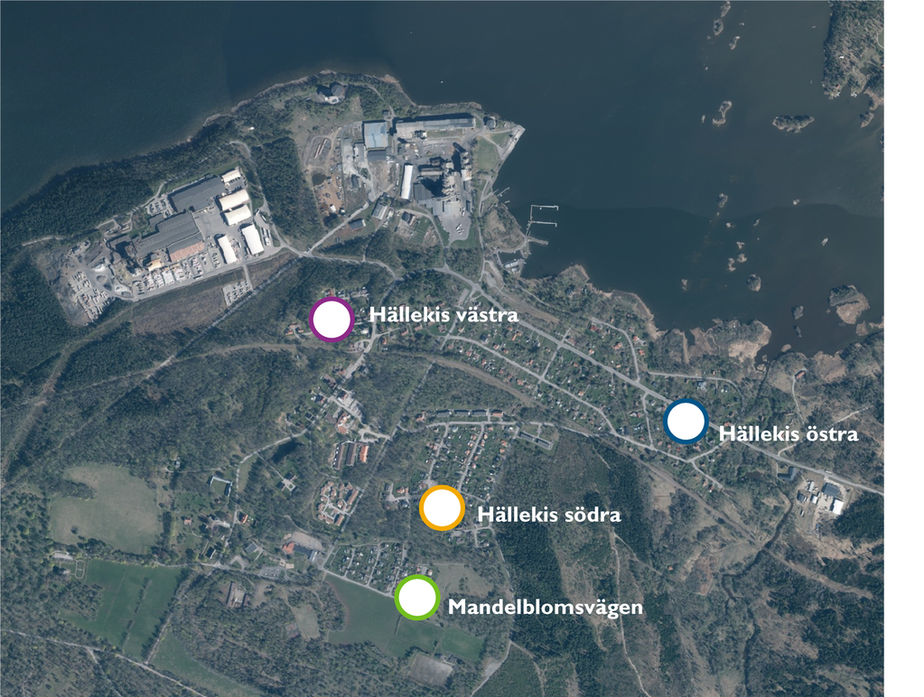 Karta som redovisar områden i Hällekis där det finns lediga tomter. Se sidan för lista på områdena.