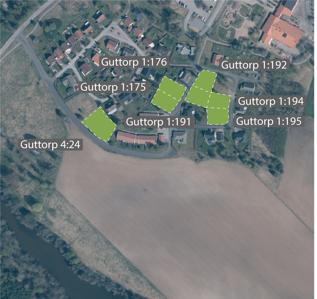 Karta som redovisar lediga tomter i området Guttorp, Lundsbrunn