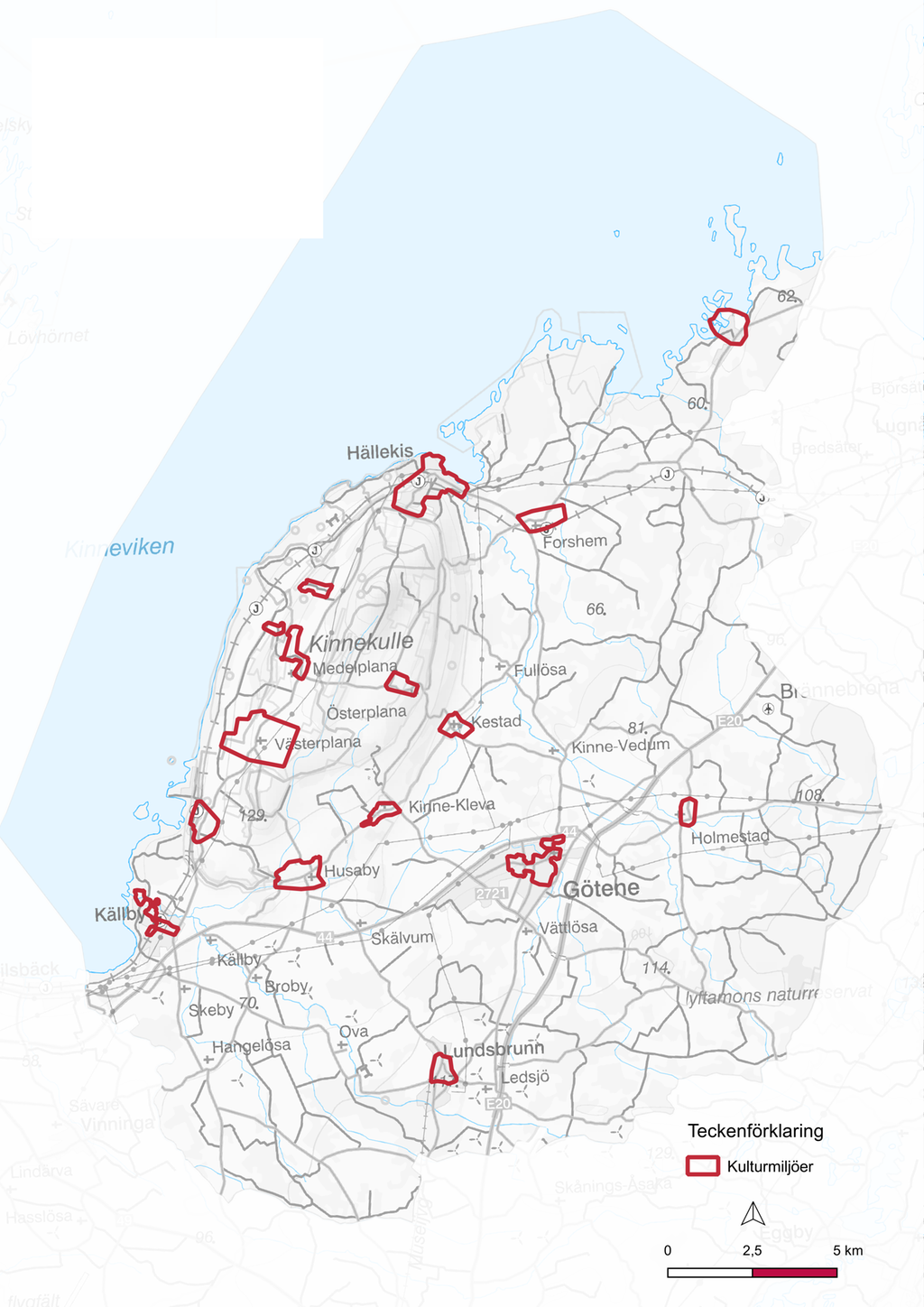 En bild som visar hela Götenes kommun och 16 rödmarkerade områden