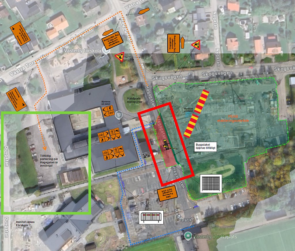Kartbild som visar Hagagatans avstängning och direktiv till den tillfälliga parkeringen. 