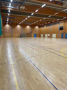 En beige idrottshall med ett trägolv och olika färgade linjer på golvet.