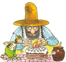 Målad bild som föreställer gubben Pettson och katten Findus som sitter med en pannkakstårta.