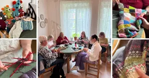 Ett kollage av bilder på människor som stickar.