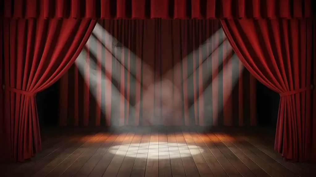En teaterscen med ljus i mitten och röda gardiner på sidorna.